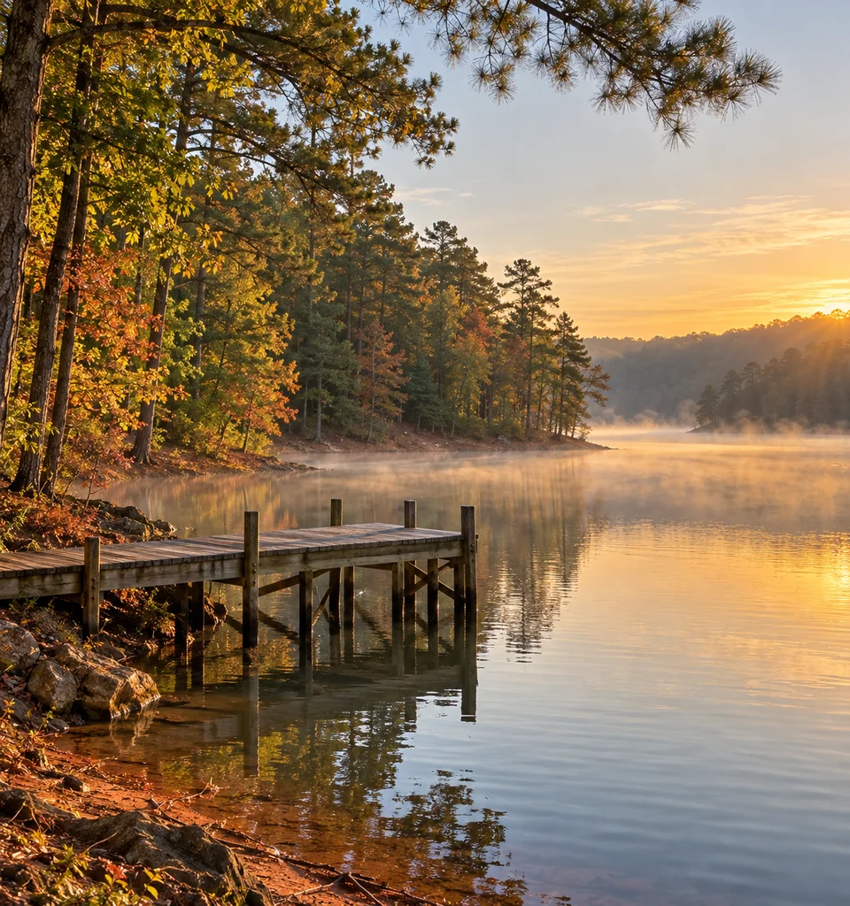 A weathered wooden dock on a misty Lake Lanier cove at sunrise with pines and a red clay bank