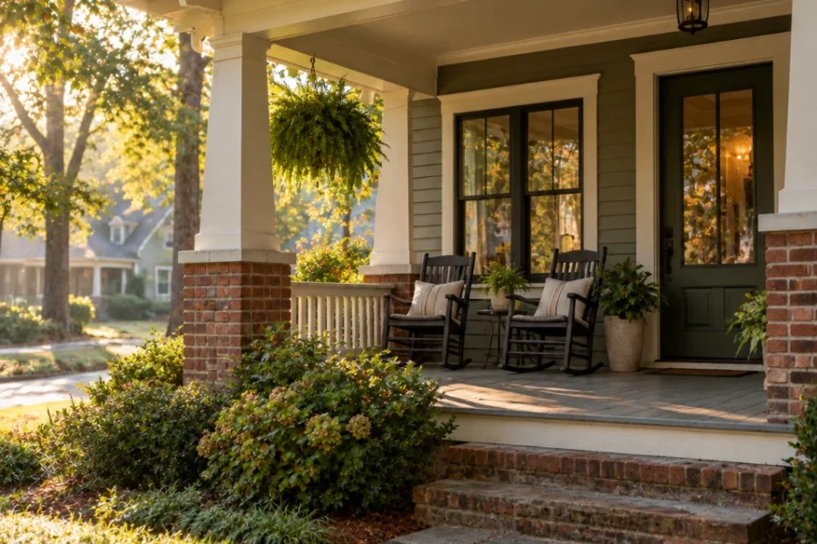 The front porch of a craftsman bungalow in an established intown Atlanta neighborhood