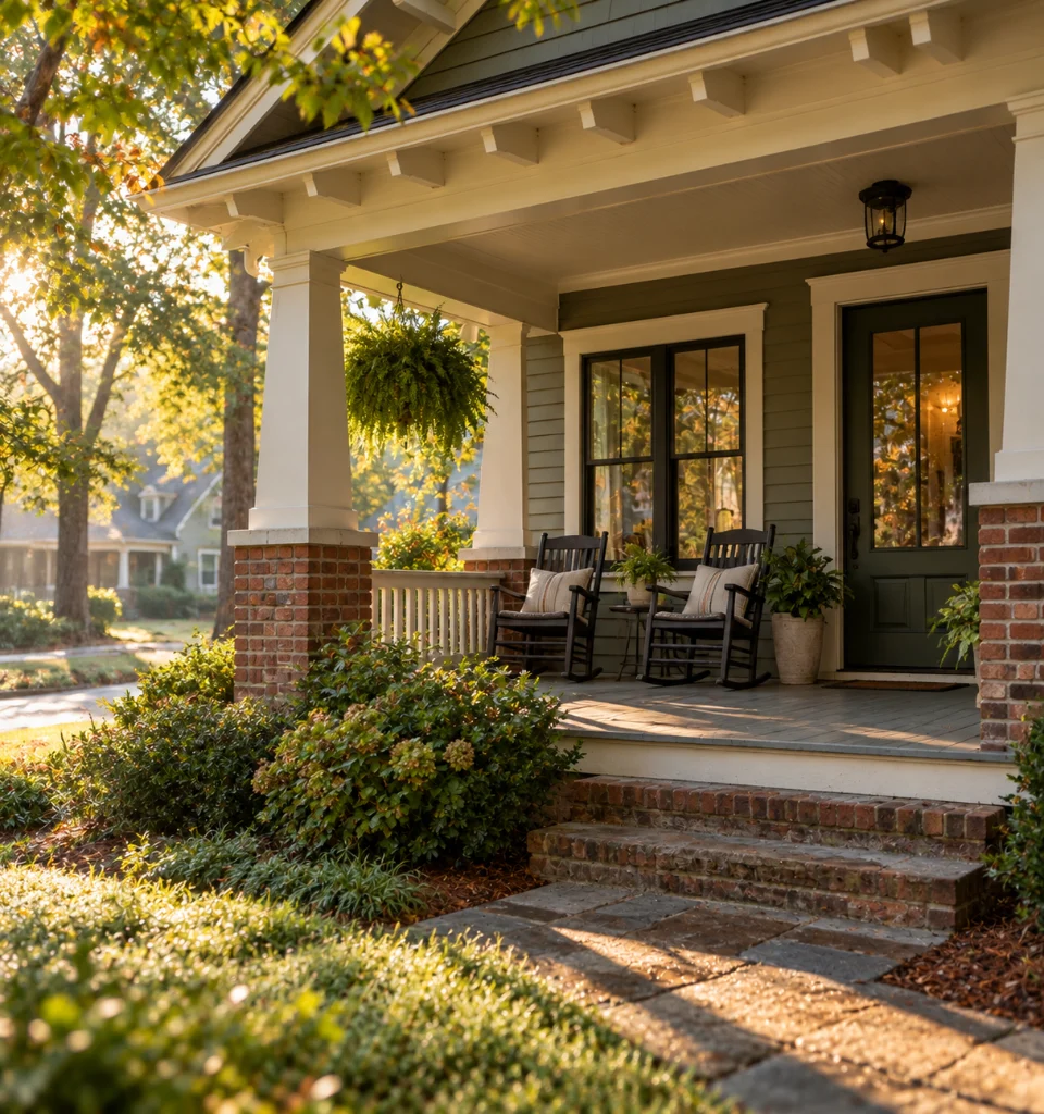 The front porch of a craftsman bungalow in an established intown Atlanta neighborhood, with brick piers, rocking chairs and early morning light through mature trees