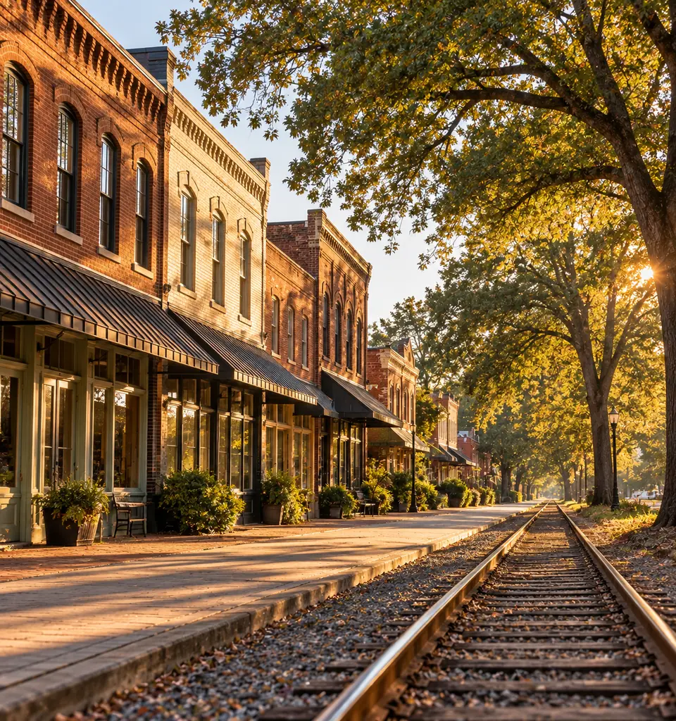 Brick storefronts with awnings along a small town street in Conyers, Georgia, with railroad tracks in the foreground at sunrise.