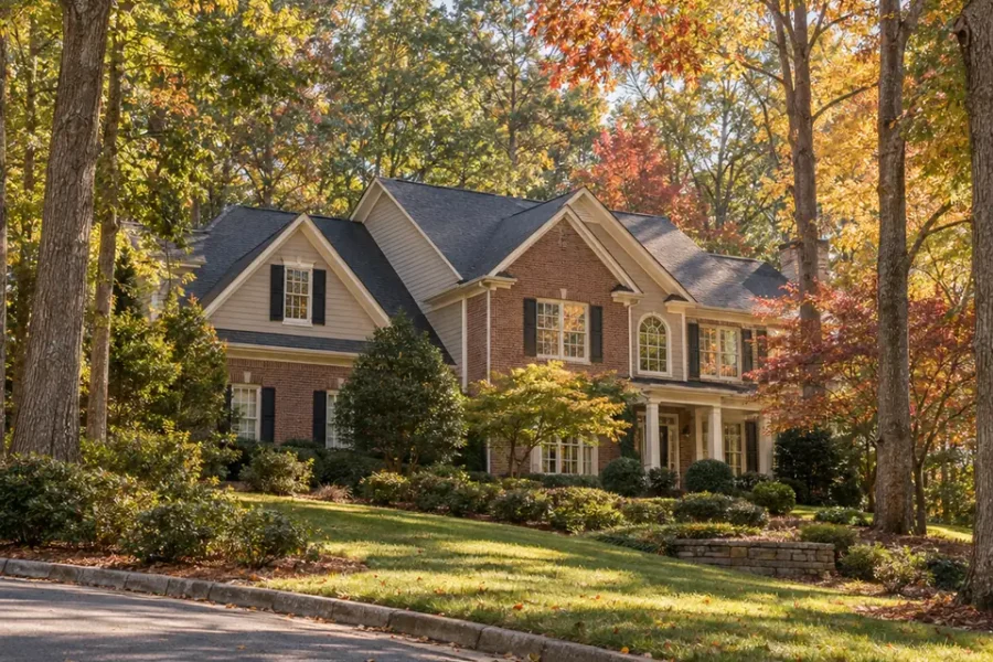 A traditional brick two story home set back on a wooded lot under mature hardwoods