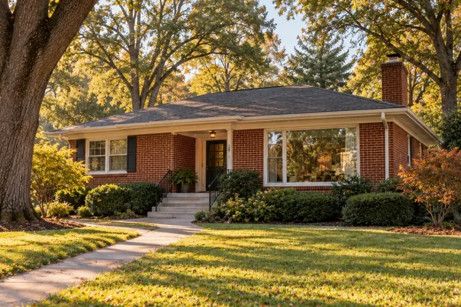 A brick ranch home with a front walk and fall color on a sunny afternoon