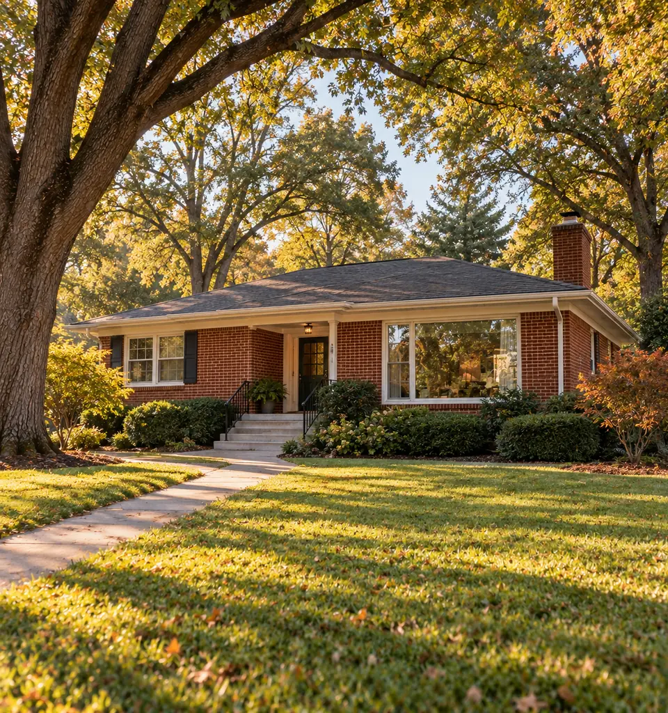 A red brick ranch house with a picture window, a concrete walkway and mature oak trees in afternoon light