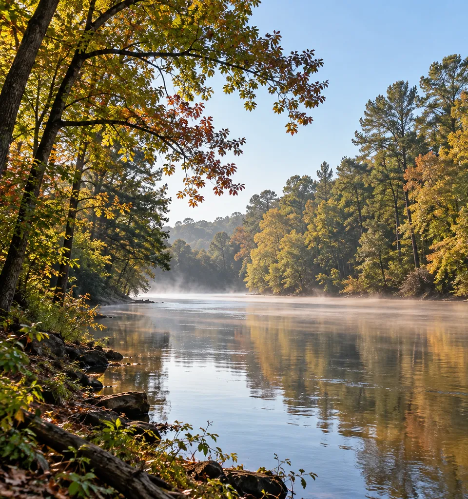 Morning mist rising off the Chattahoochee River with wooded banks turning in early autumn.