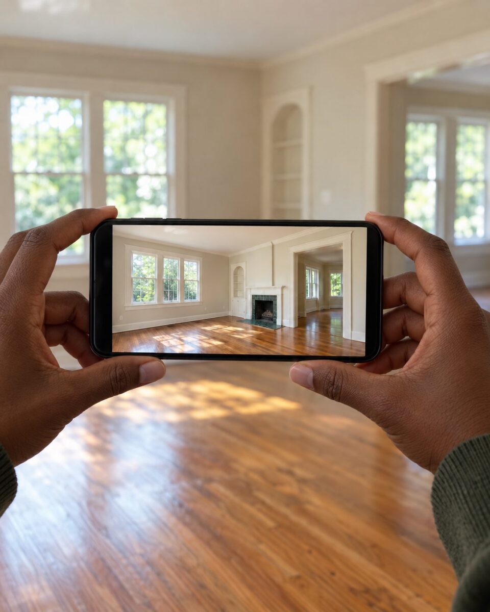 Hands holding a phone recording a video walkthrough of an empty room with hardwood floors