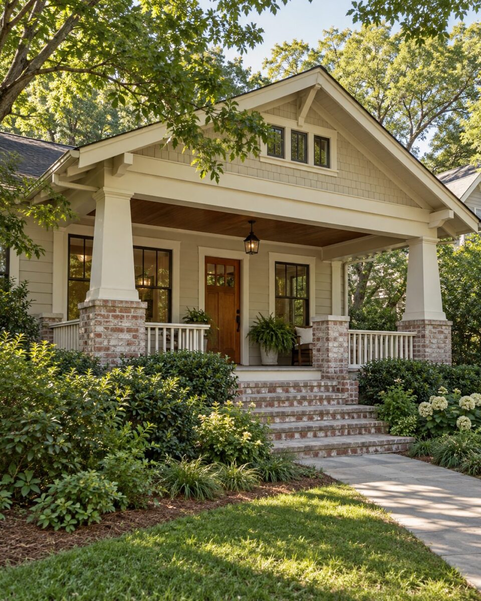 Front porch of a Craftsman bungalow on a tree lined street in intown Atlanta