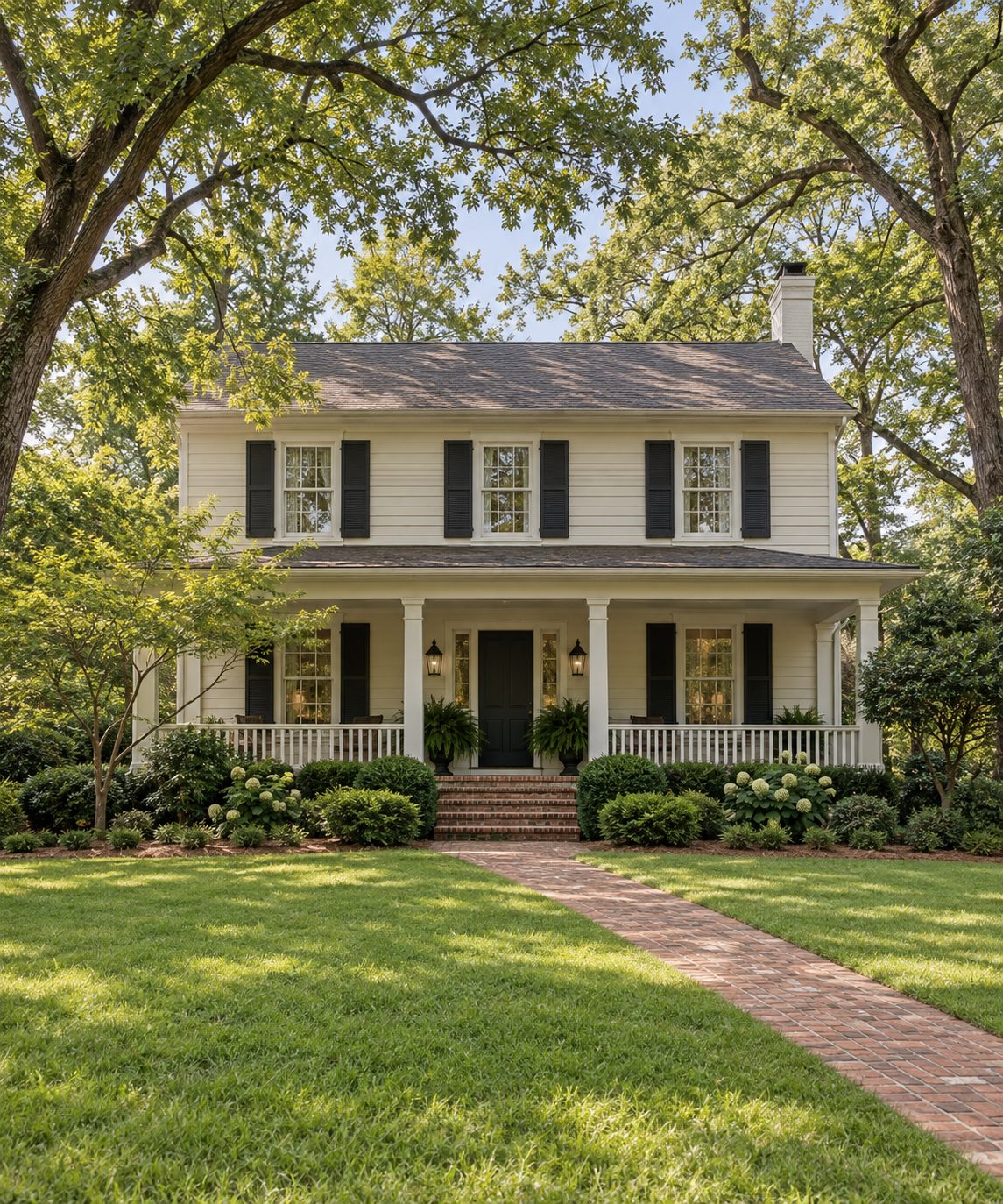 A two story home with a full width front porch behind a deep lawn and mature oaks in Decatur, Georgia