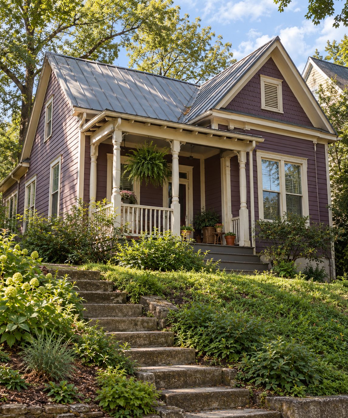 A painted cottage with a standing seam metal roof above stone steps climbing from the sidewalk in East Atlanta Village