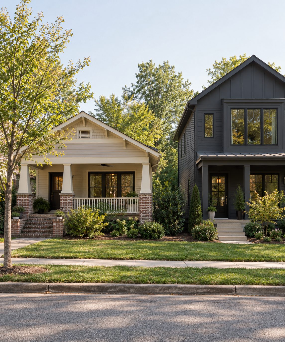 A restored craftsman bungalow beside a newer two story home on a residential street in Edgewood, Atlanta