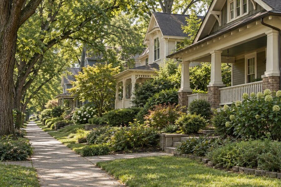 A tree lined sidewalk running past historic bungalows with deep front porches