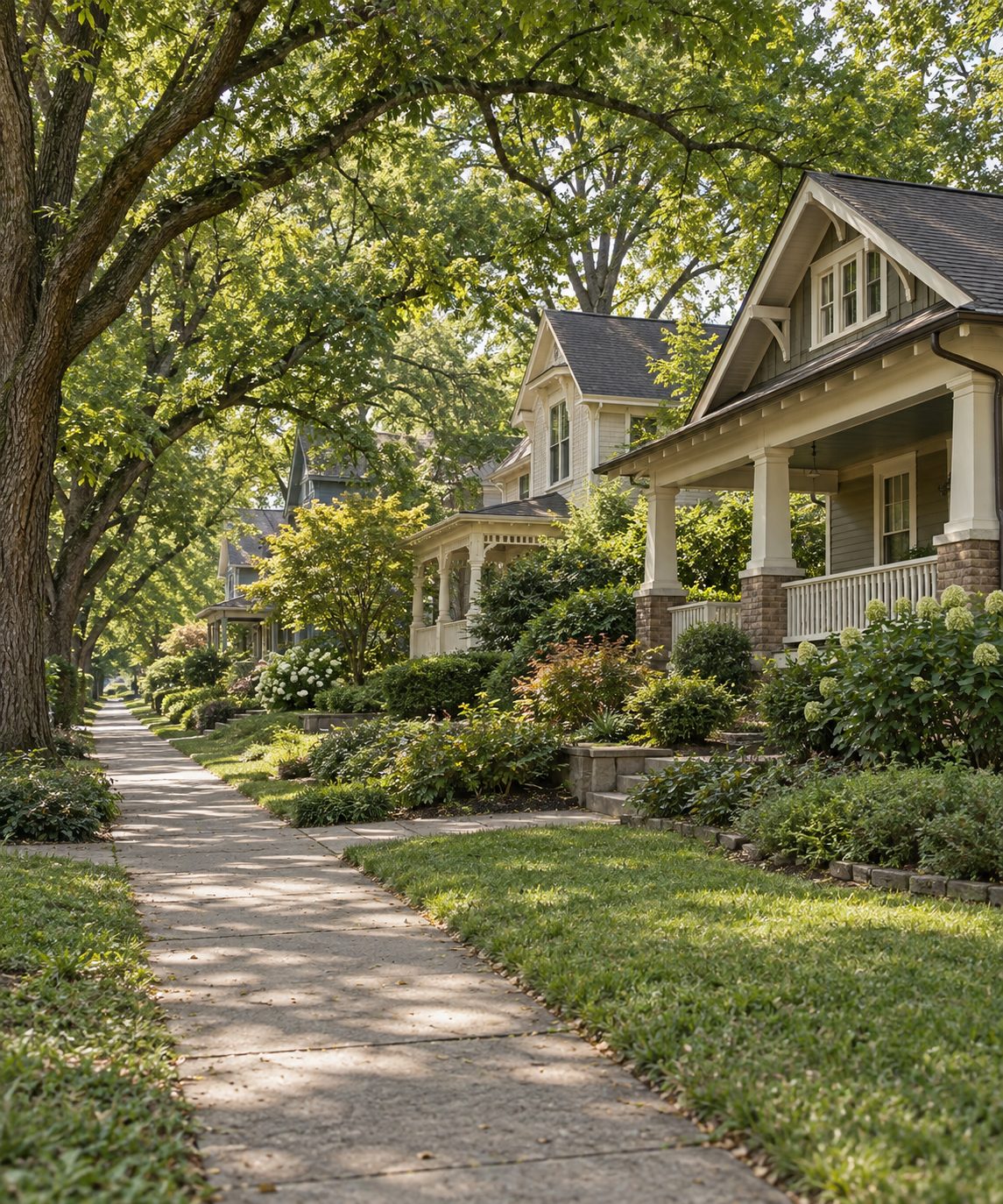 A tree lined sidewalk running past historic bungalows with deep front porches in Kirkwood, Atlanta