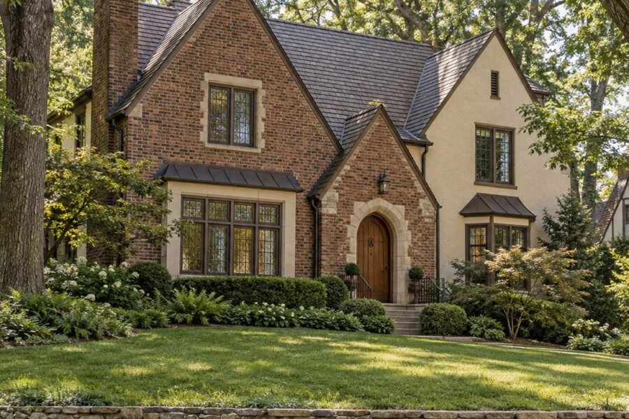 A brick and stucco Tudor revival home above a low stone wall on a shaded street