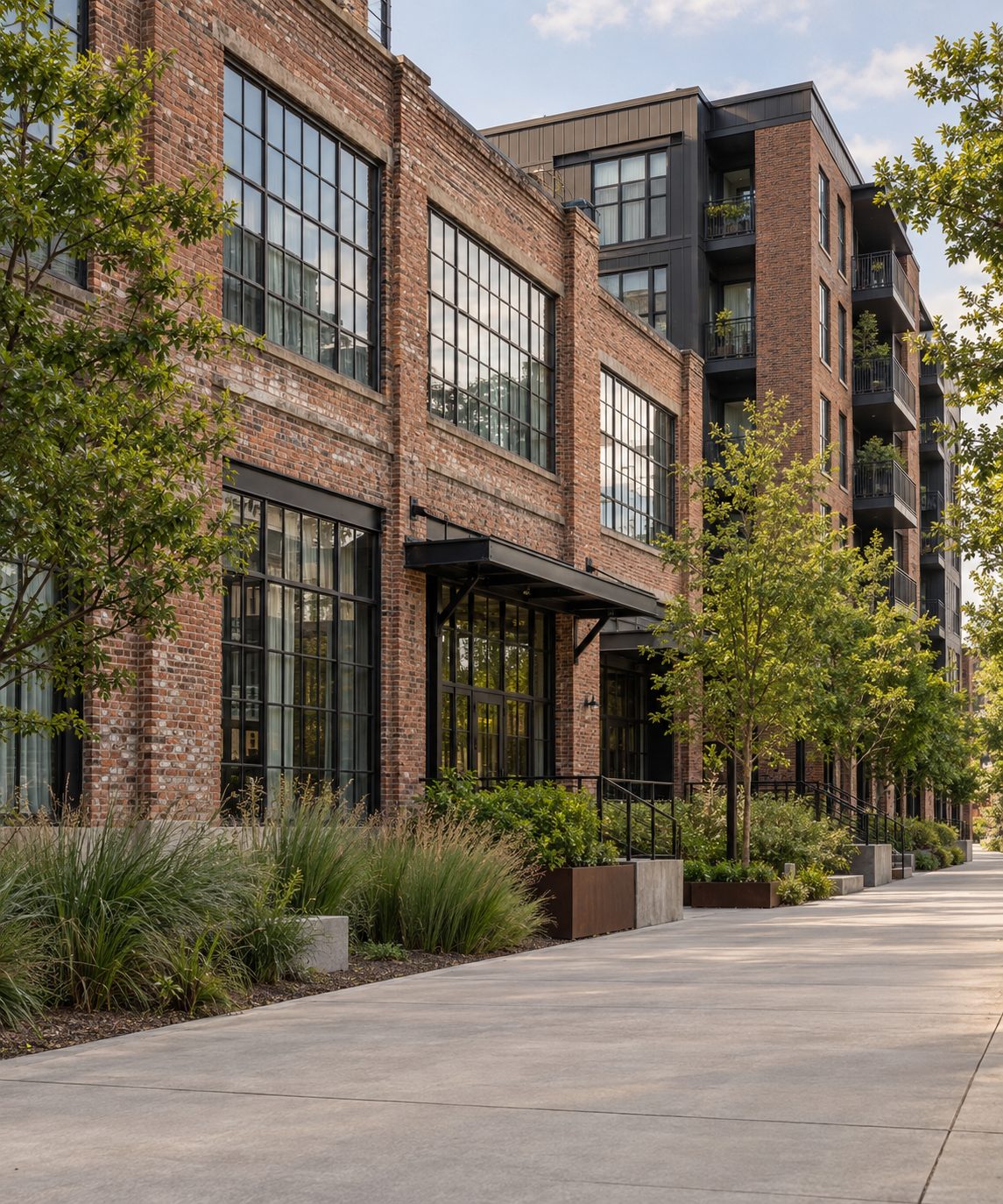 Brick warehouse lofts and a newer apartment building along a paved trail in Old Fourth Ward, Atlanta