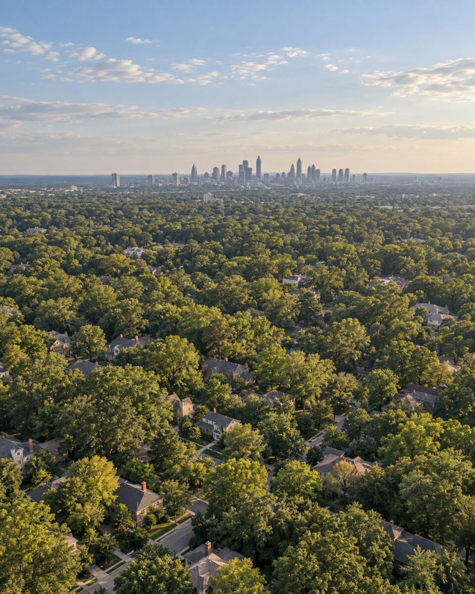 Aerial view across the Atlanta tree canopy with neighborhood rooftops below and the skyline on the horizon