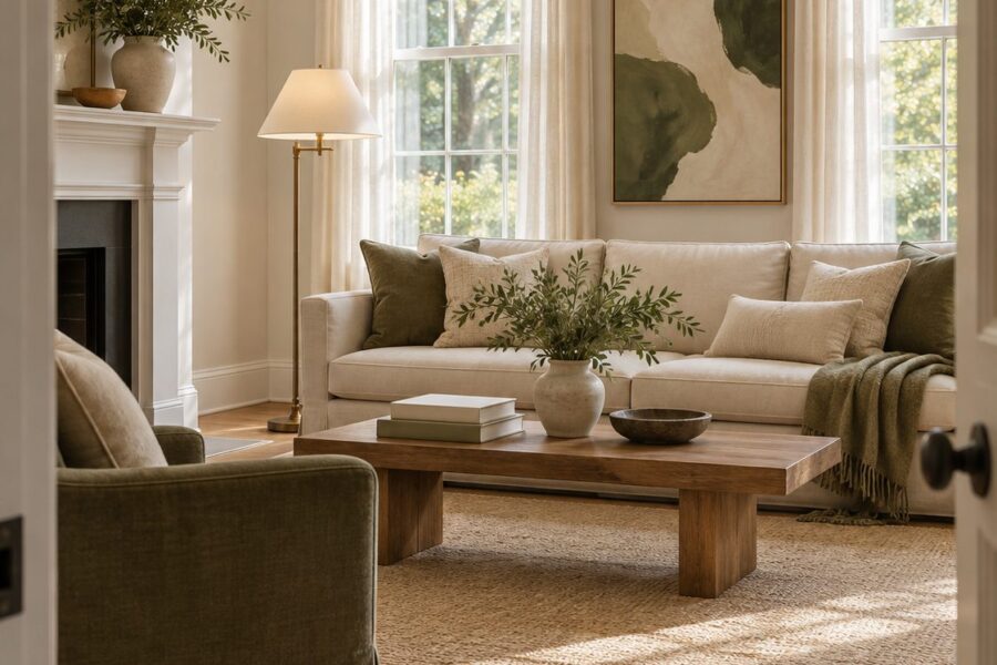A staged living room with a cream sofa, olive cushions, a jute rug, and an oak coffee table
