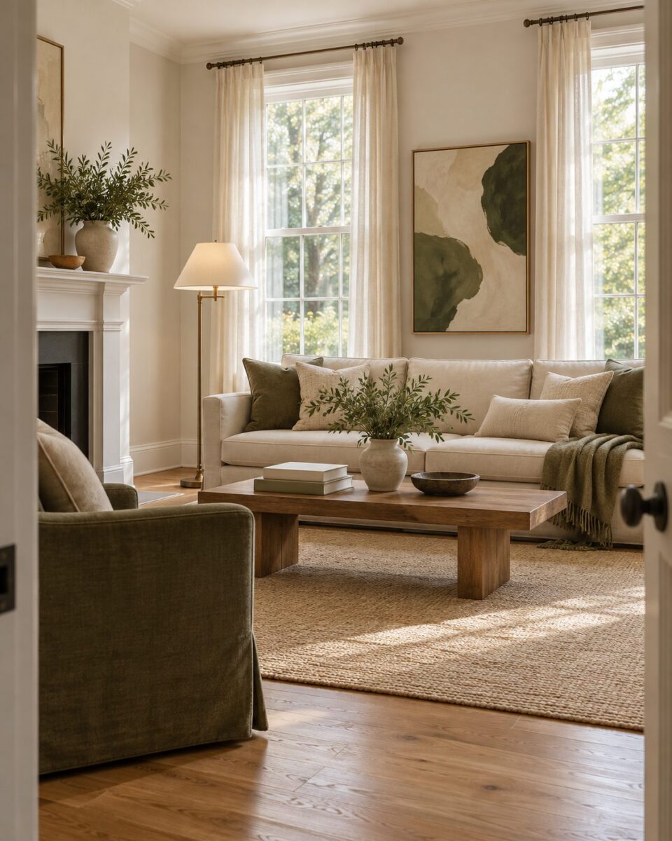 A staged living room with a cream sofa, olive cushions, a jute rug and daylight through sheer curtains