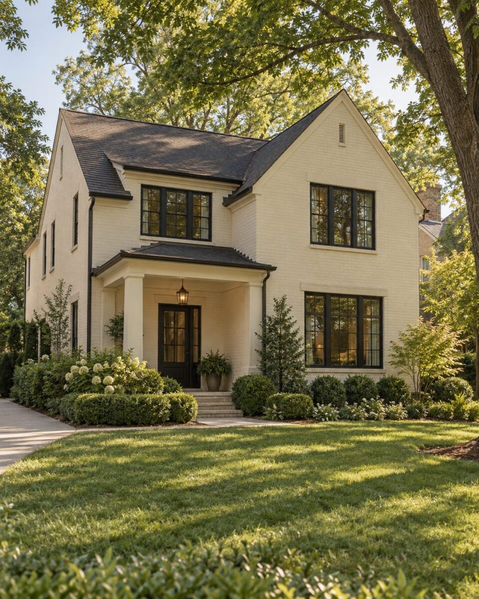 Front exterior of a cream painted brick two story home with black windows on a tree lined intown Atlanta street