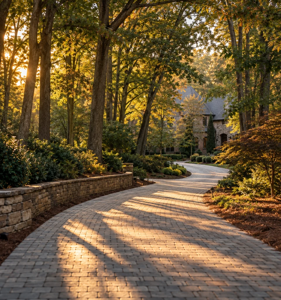 A private stone paver driveway curving between mature hardwood trees toward a large brick and stone house, with a low stacked stone wall and late afternoon light