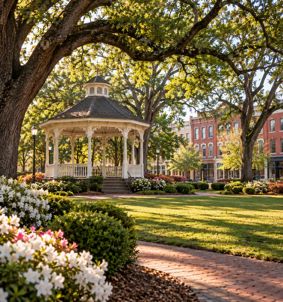 A white wooden gazebo under mature oaks on a town square, with nineteenth century brick storefronts beyond.