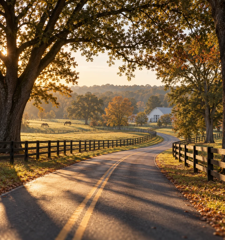A two lane country road curving between rolling horse pasture in Milton Georgia, black three board fencing and large hardwood trees in early morning light
