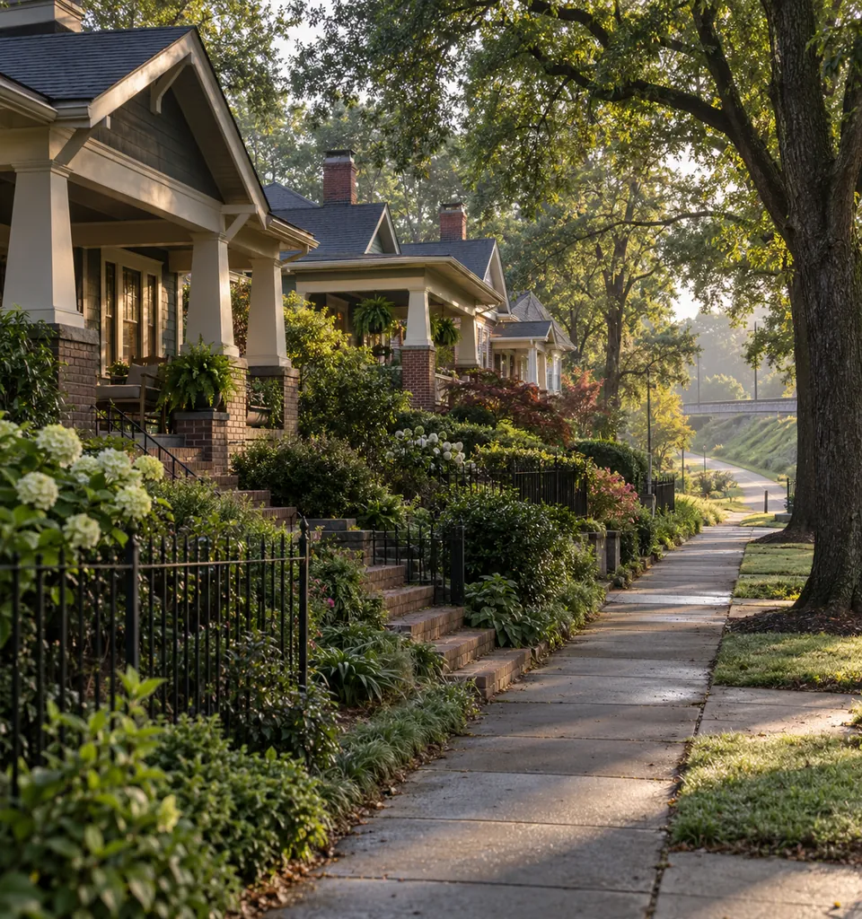 Restored craftsman bungalows with deep front porches and brick steps along a shaded sidewalk in Reynoldstown, Atlanta, early morning