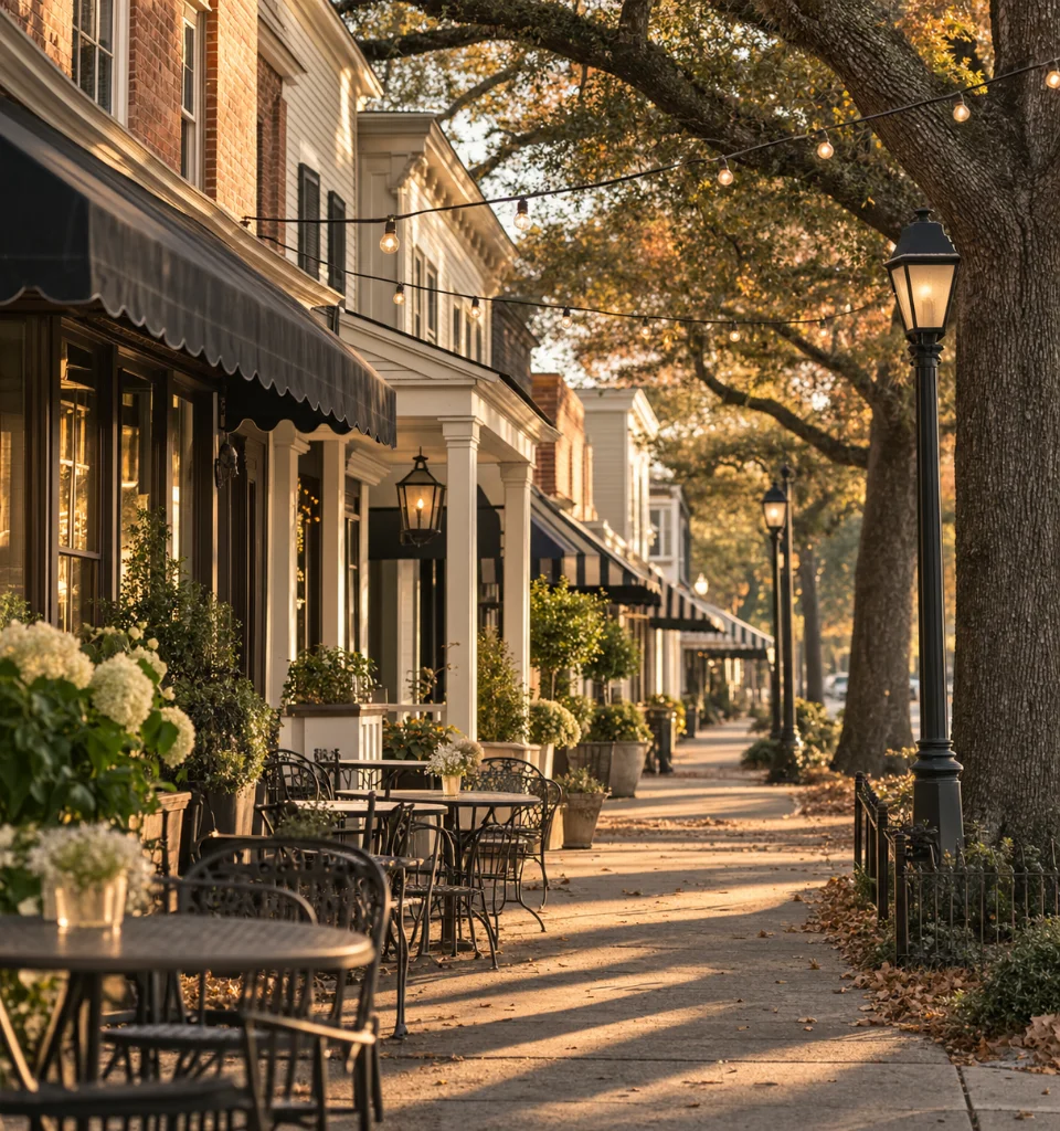 Historic storefronts, string lights and oak trees along Canton Street in downtown Roswell on an autumn afternoon