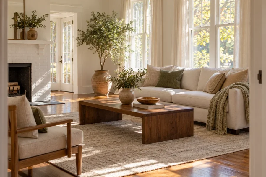 A living room prepared for listing photographs, with refinished oak floors, white walls, and tall windows