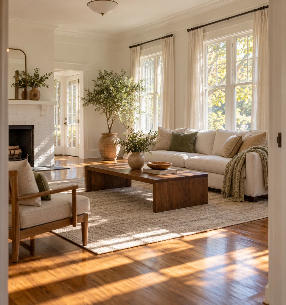 A living room prepared for listing photographs, with refinished oak floors, white walls, tall windows and simple neutral furniture