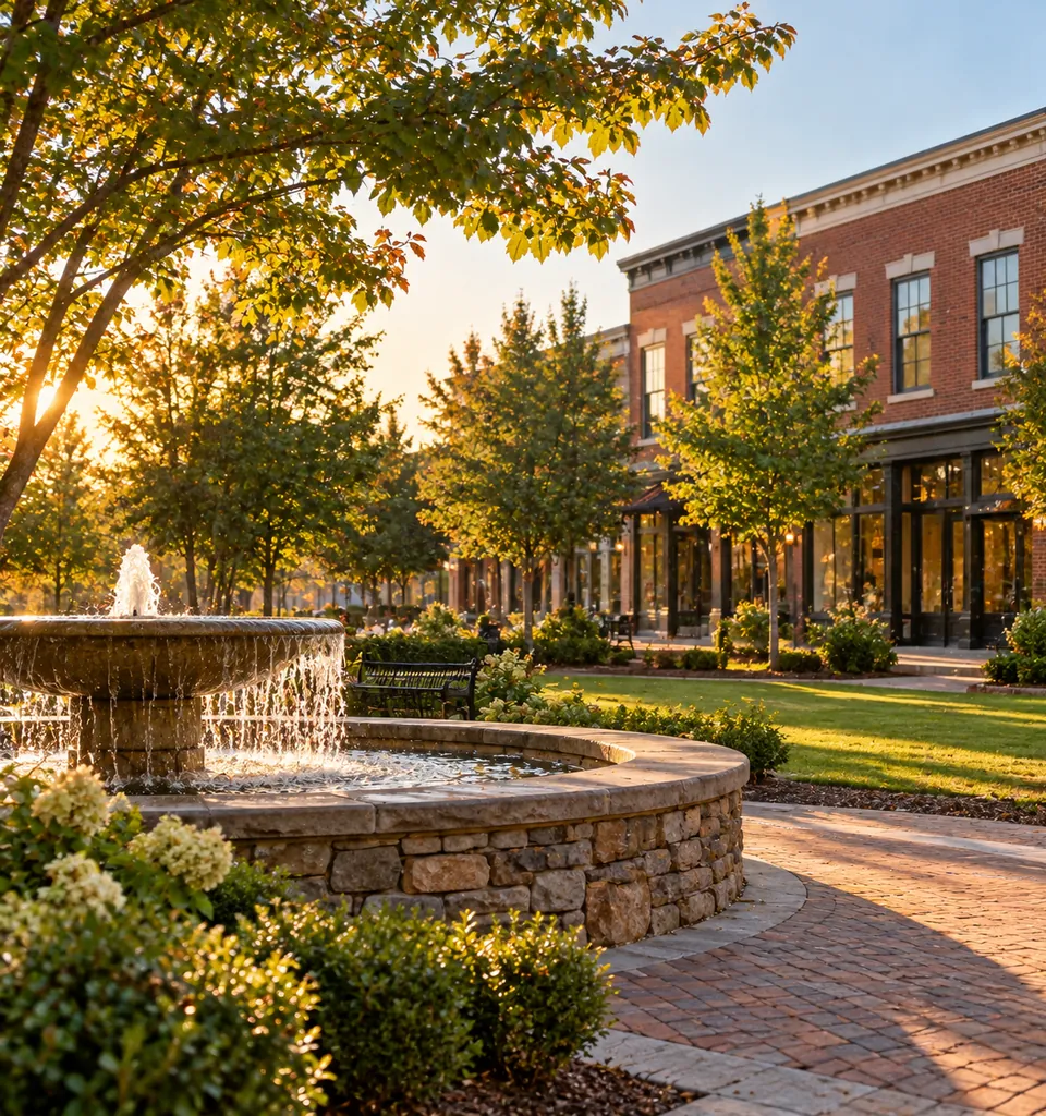 A stone fountain on a landscaped town green with brick storefronts behind it in late afternoon light.