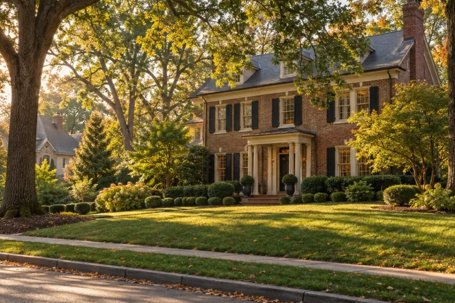 A brick traditional two story home set back on a wide lawn under mature hardwoods
