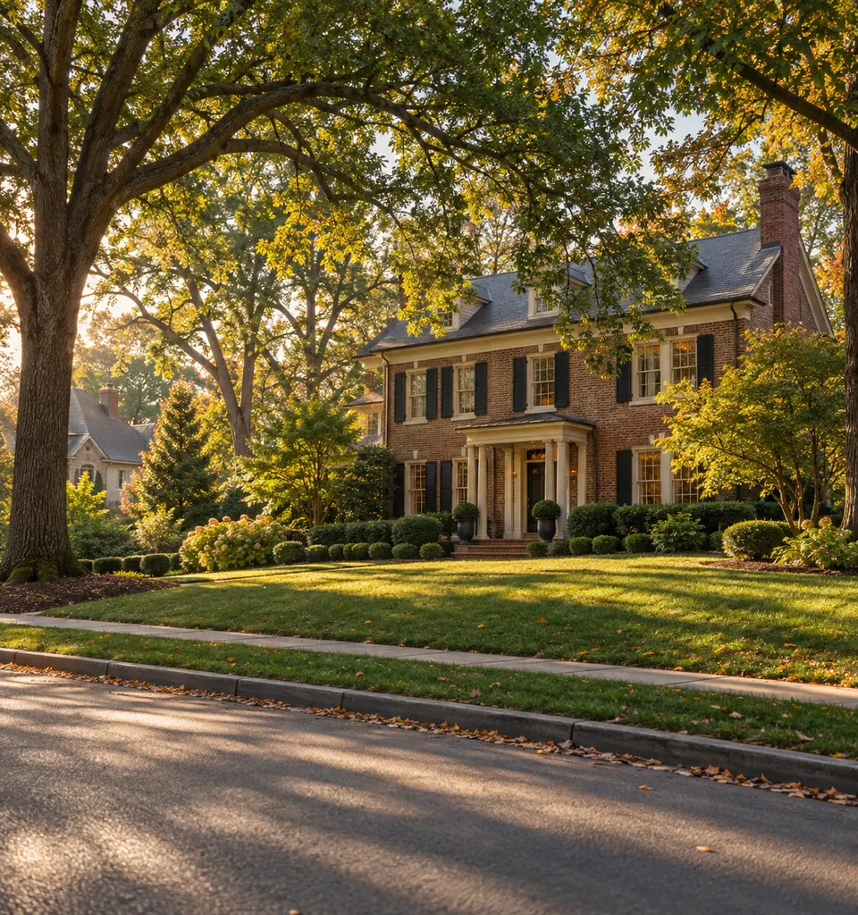 A brick traditional two story home set back on a wide lawn under a mature hardwood canopy on a Cascade area street in late afternoon light