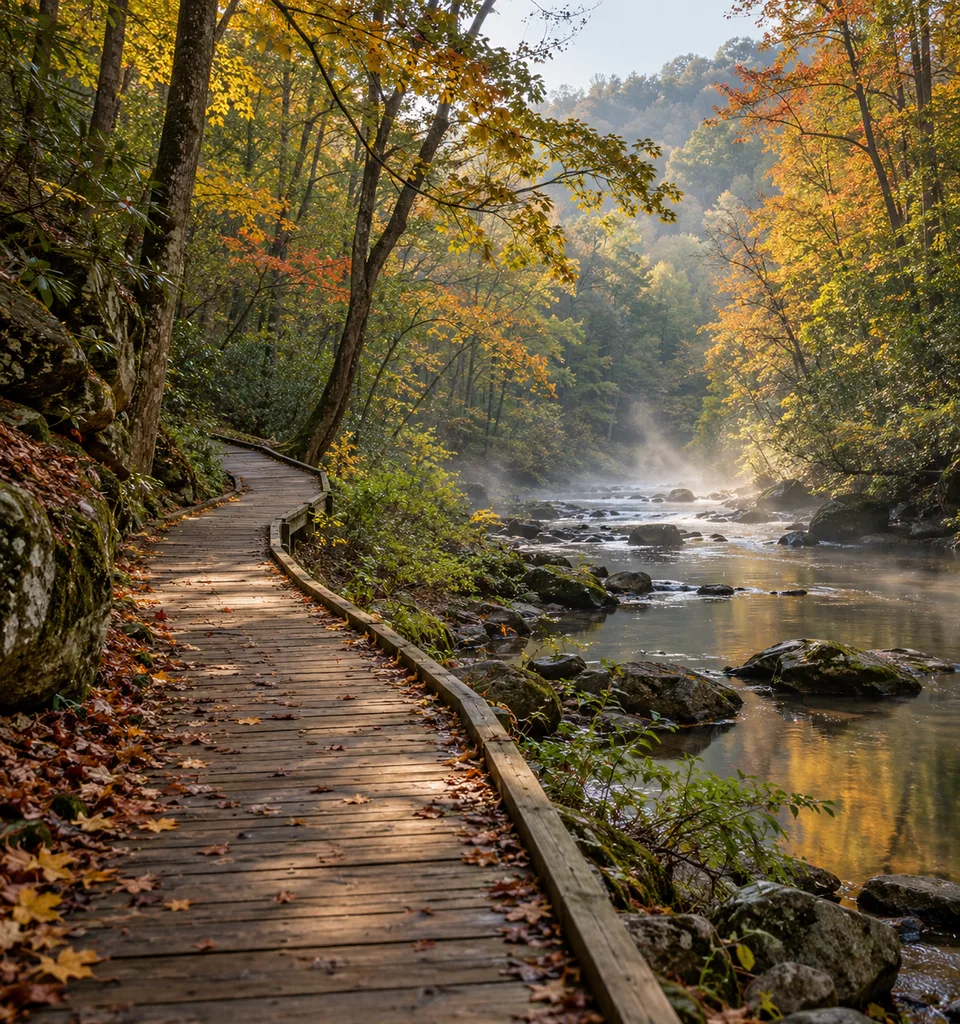 Wooden boardwalk trail curving through early autumn woods beside a misty creek.