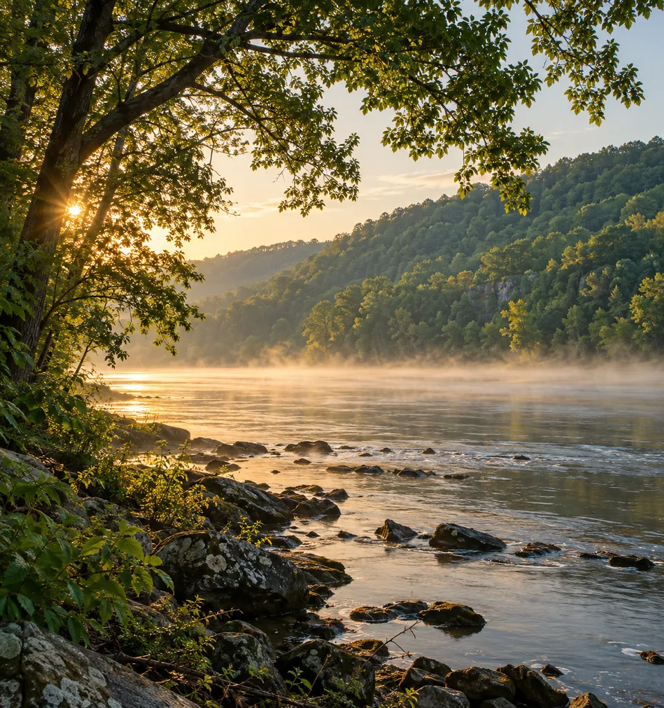 The Chattahoochee River at sunrise from a wooded bank near Vinings, with mist on the water, a rocky shoal in the shallows and a forested hillside across the river.